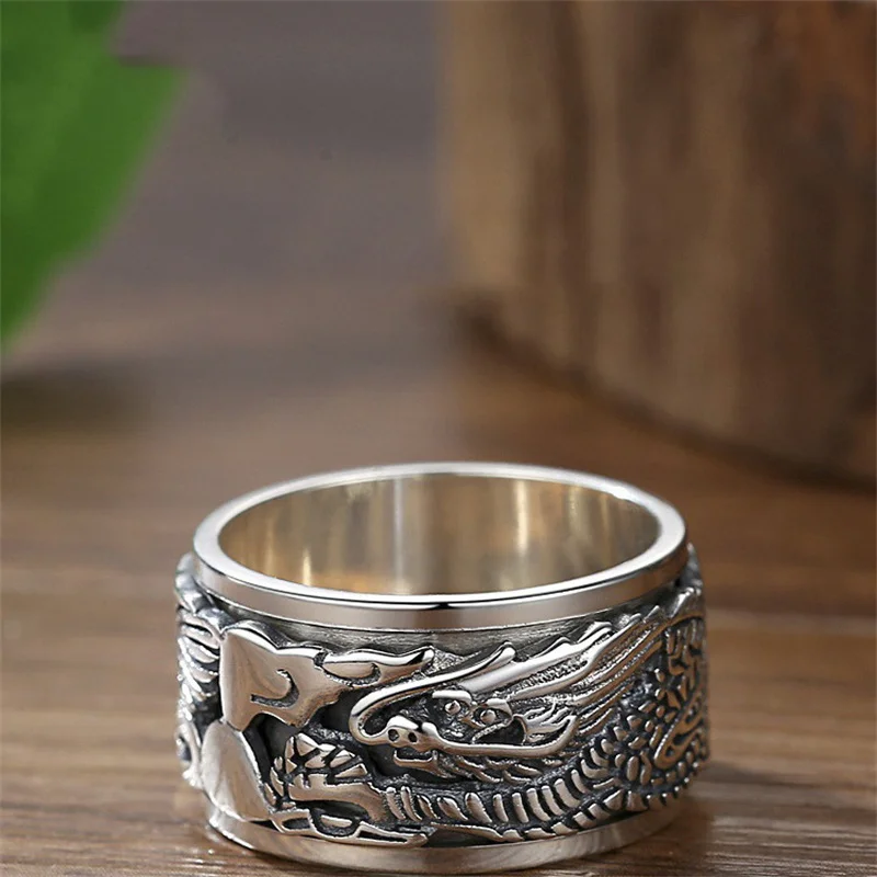Lucky Dragon Clouds Ring Male Jewelry Rotateable Vintage Personality Men Wide Ring For Boyfriend Finger Accessories Many Sizes