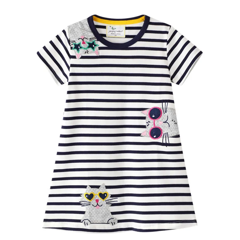 Jumping Meters 2-8T School Princess Girls Dresses Animals Applique Summer Short Sleeve Baby Clothes Birthday Frocks Costume