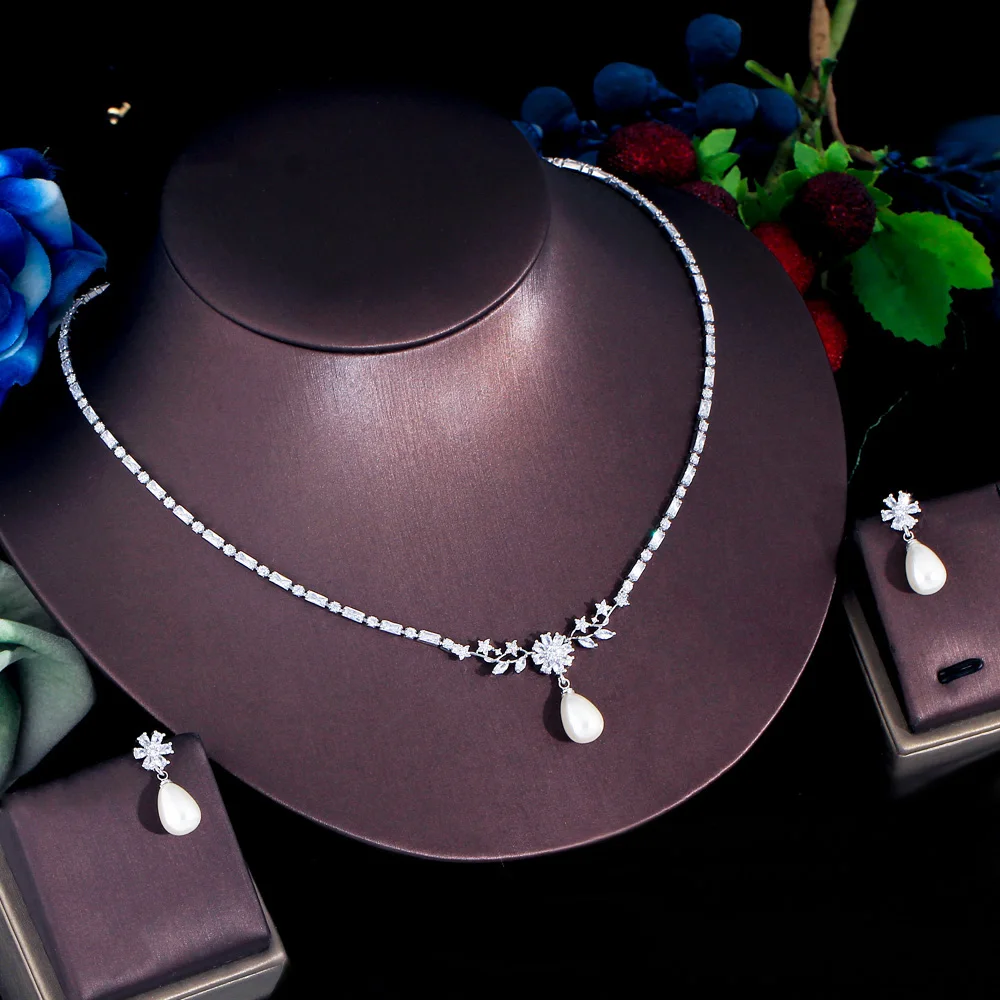 ThreeGraces Shining Cubic Zirconia Silver Color Simulated Pearl Earrings Necklace Fashion Flower CZ Jewelry Set for Women TZ839