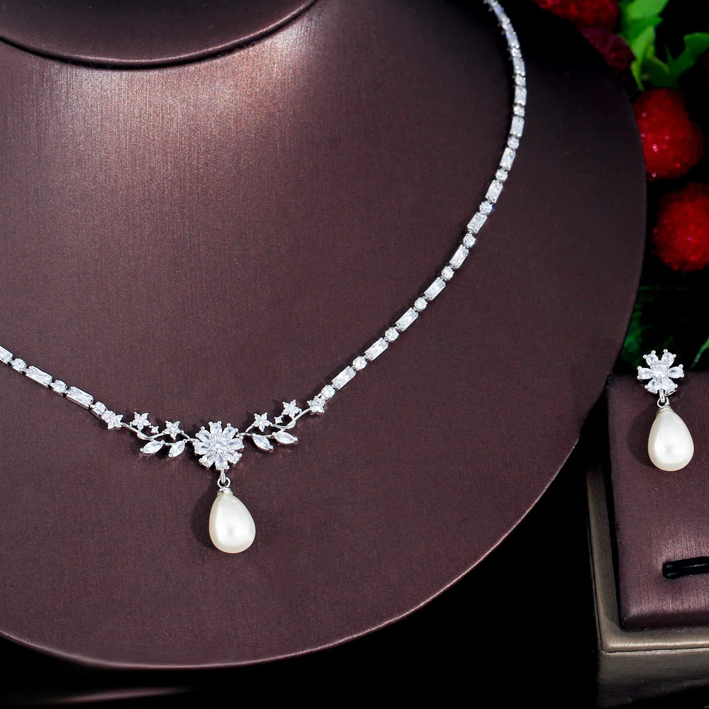 ThreeGraces Shining Cubic Zirconia Silver Color Simulated Pearl Earrings Necklace Fashion Flower CZ Jewelry Set for Women TZ839