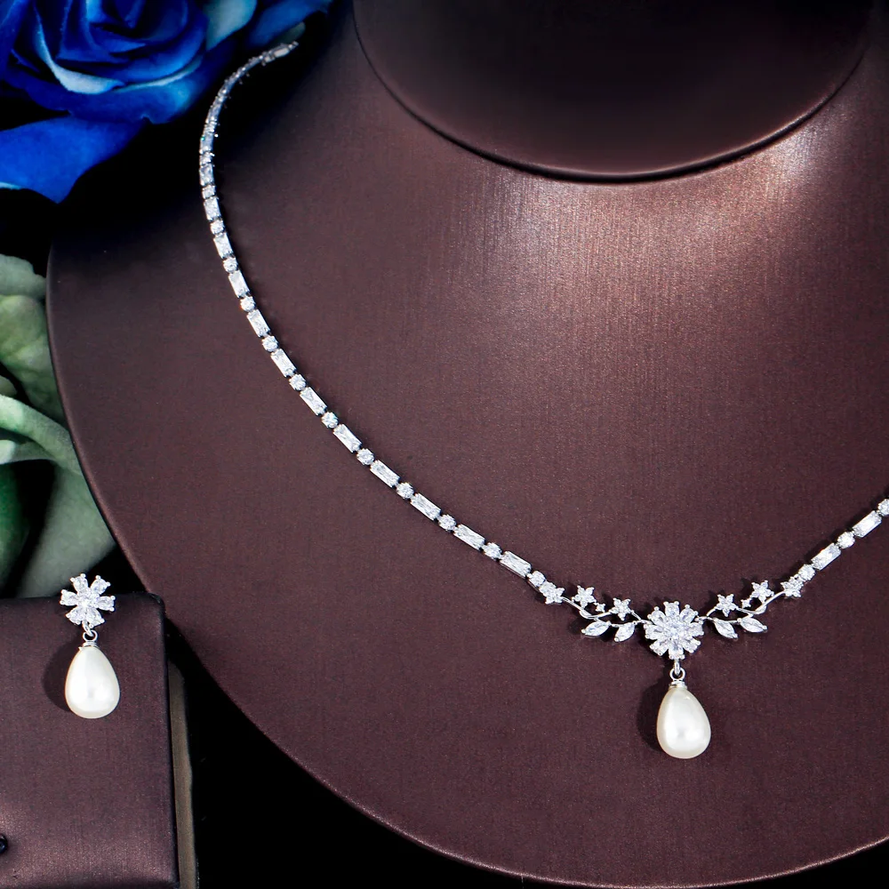 ThreeGraces Shining Cubic Zirconia Silver Color Simulated Pearl Earrings Necklace Fashion Flower CZ Jewelry Set for Women TZ839