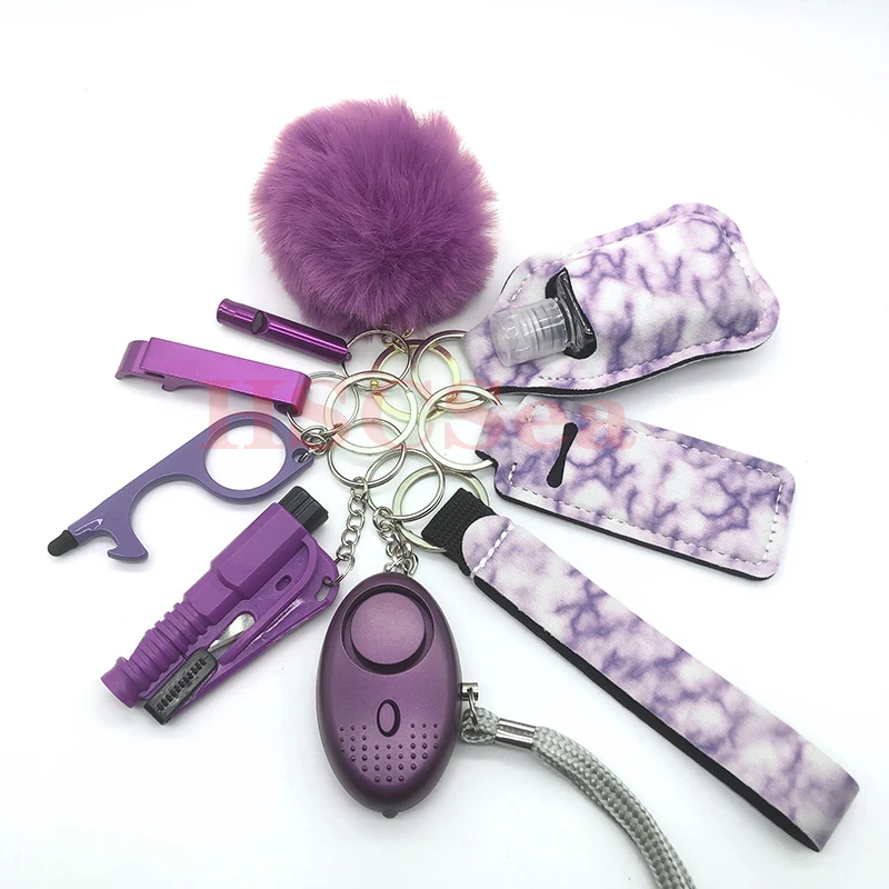 10-12PCS Girl Safety Keychain Supply Self Defense Keychain For Women Bottle Opener Pom Pom Fur Ball Wristlet Card Grabber