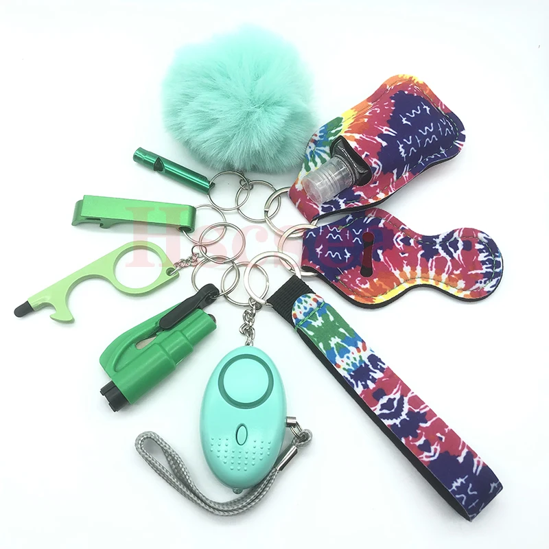 10-12PCS Girl Safety Keychain Supply Self Defense Keychain For Women Bottle Opener Pom Pom Fur Ball Wristlet Card Grabber