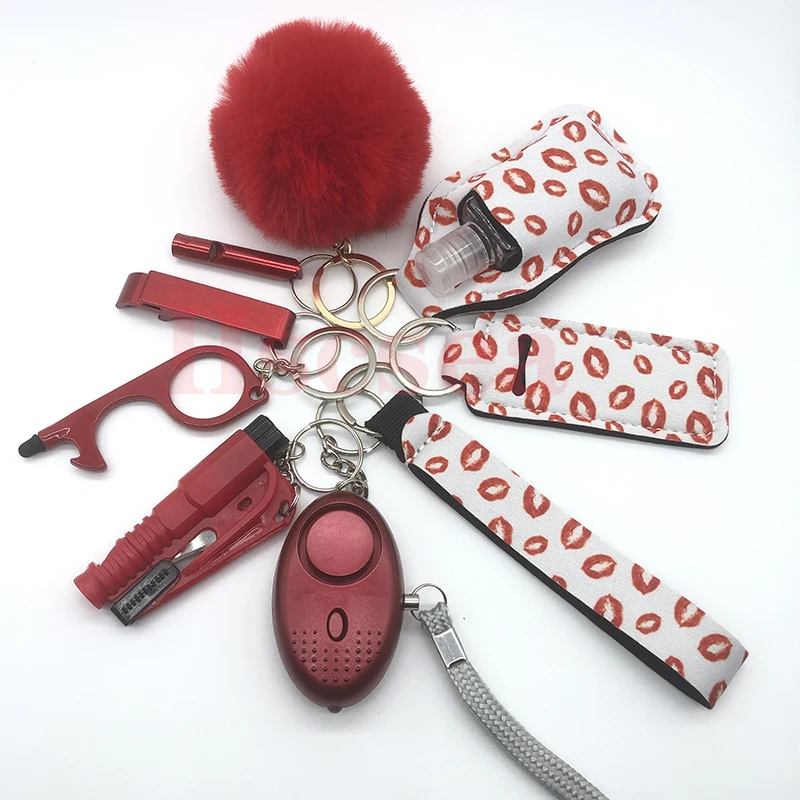10-12PCS Girl Safety Keychain Supply Self Defense Keychain For Women Bottle Opener Pom Pom Fur Ball Wristlet Card Grabber