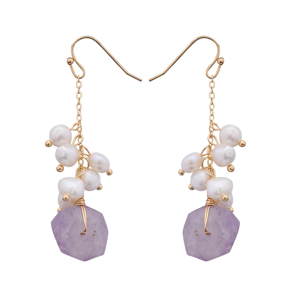 Original Handmade 14K Gold Filled Natural Freshwater Pearl Irregular Amethyst Ladies Drop Earrings Jewelry Women Wedding Gift