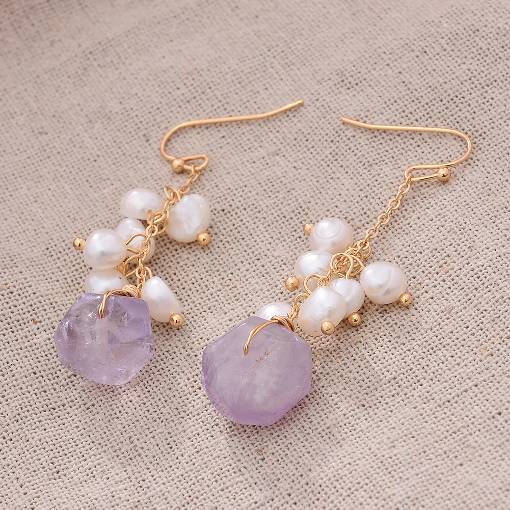 Original Handmade 14K Gold Filled Natural Freshwater Pearl Irregular Amethyst Ladies Drop Earrings Jewelry Women Wedding Gift