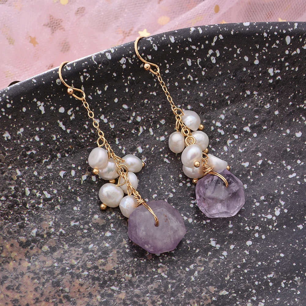 Original Handmade 14K Gold Filled Natural Freshwater Pearl Irregular Amethyst Ladies Drop Earrings Jewelry Women Wedding Gift