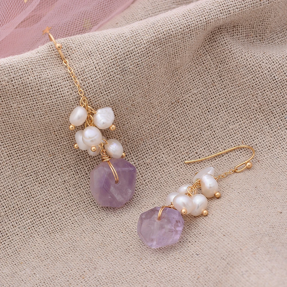 Original Handmade 14K Gold Filled Natural Freshwater Pearl Irregular Amethyst Ladies Drop Earrings Jewelry Women Wedding Gift