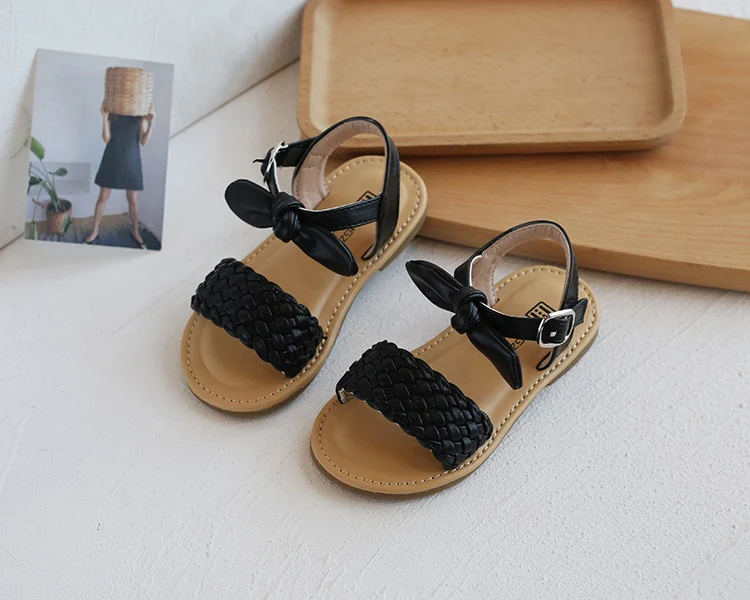 Girl Sandals Bowtie Braided Soft 21-30 Inafnt Children Sliders Bohemia Style Classic Fashion Open Toe Non-slip Kids Flats