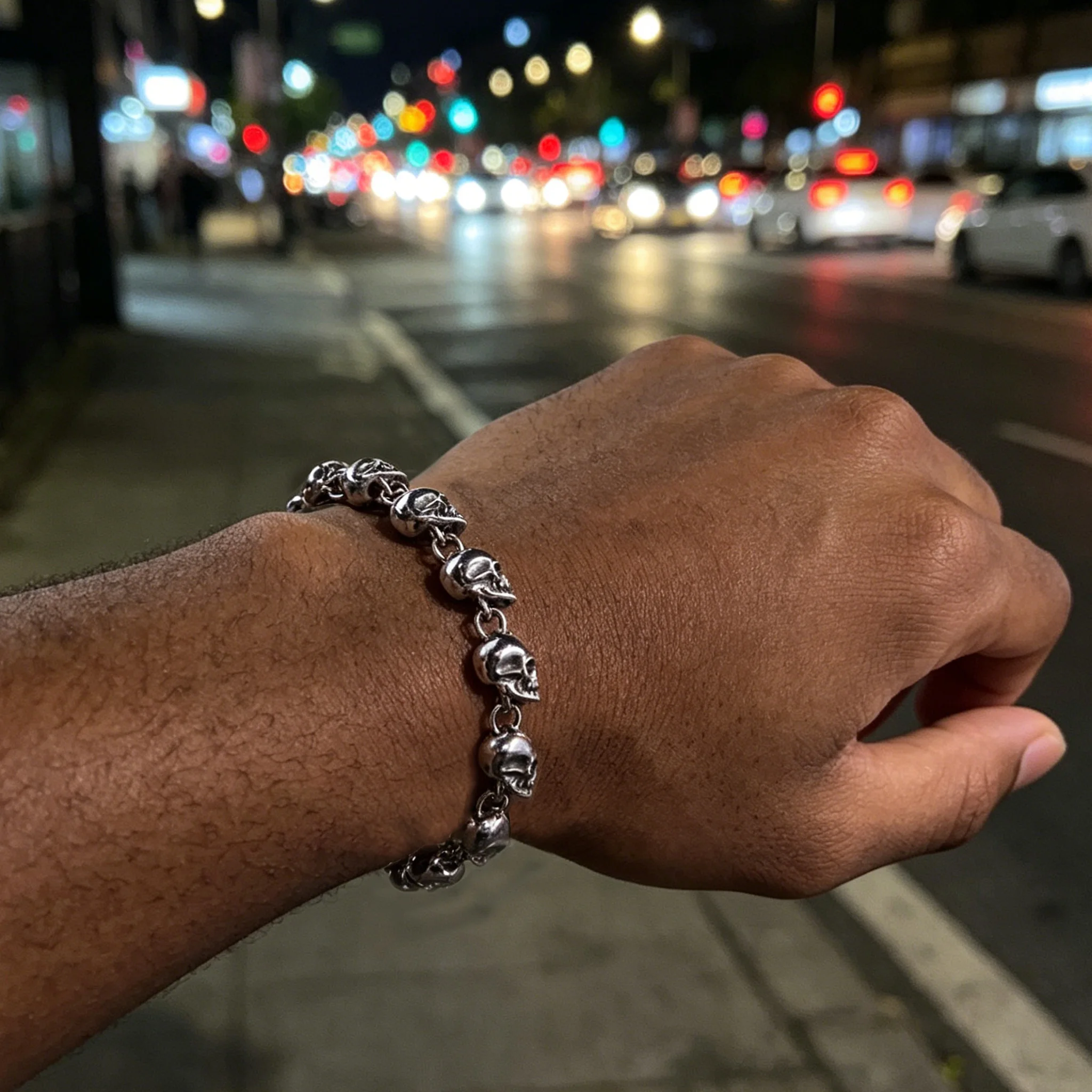 Vintage Stainless Steel Skull Link Bracelet, Gothic Punk Biker Skull Charm Bracelet for Men,Hip Hop Streetwear Accessory Gift