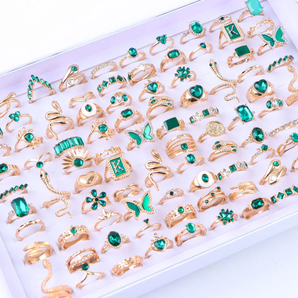 30Pcs/Lot Elegant Fashion Butterfly Colorful Flower Snake Inlaid Rhinestone Rings Romantic Women Proposal Jewelry Party Gifts