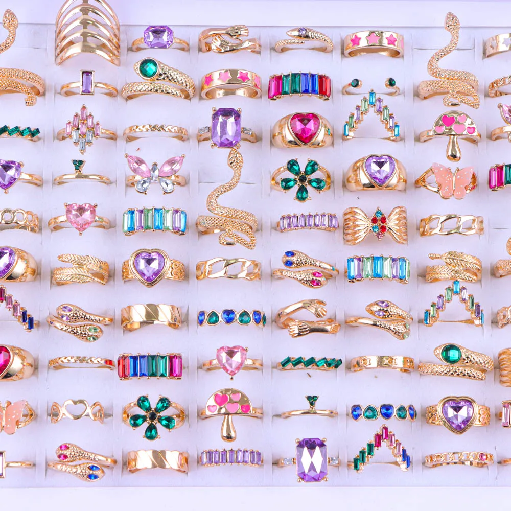 30Pcs/Lot Elegant Fashion Butterfly Colorful Flower Snake Inlaid Rhinestone Rings Romantic Women Proposal Jewelry Party Gifts