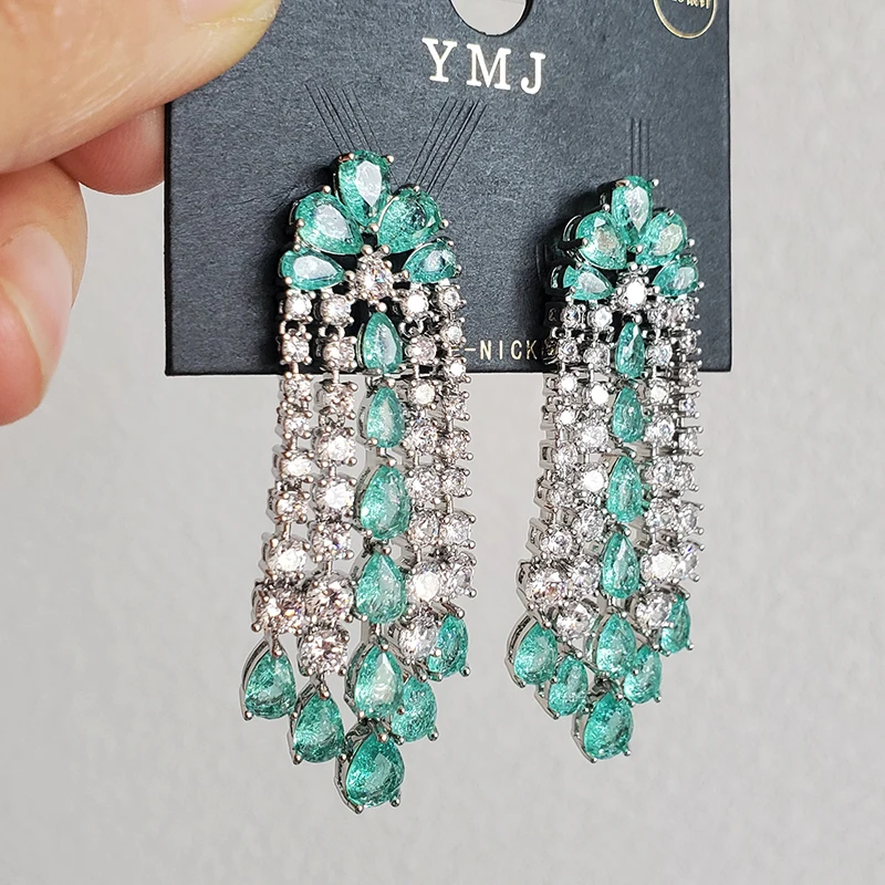 Luxury Women Earrings Long Tassel Party Bridal Wedding Jewelry Green Red Purple Zircon Small Water Drop Earrings for Women Gift