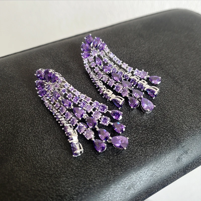 Luxury Women Earrings Long Tassel Party Bridal Wedding Jewelry Green Red Purple Zircon Small Water Drop Earrings for Women Gift