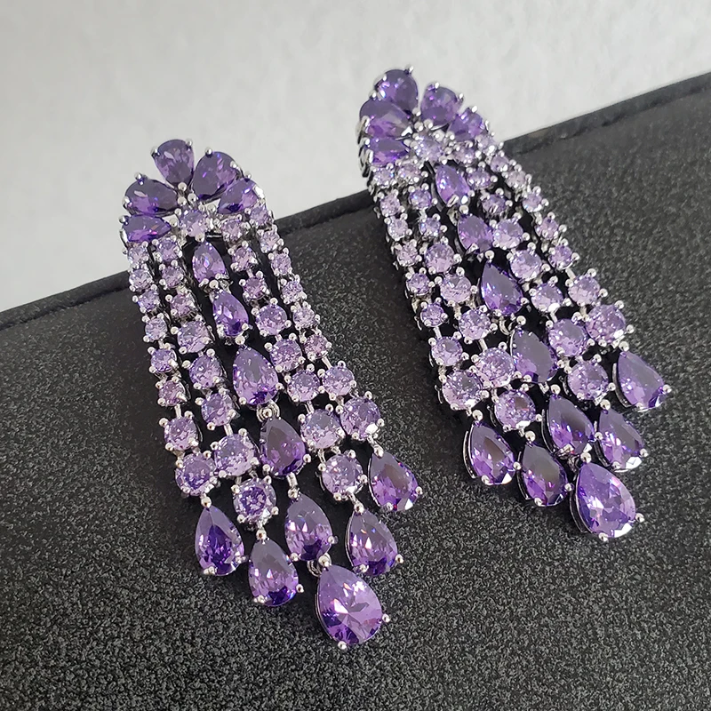 Luxury Women Earrings Long Tassel Party Bridal Wedding Jewelry Green Red Purple Zircon Small Water Drop Earrings for Women Gift