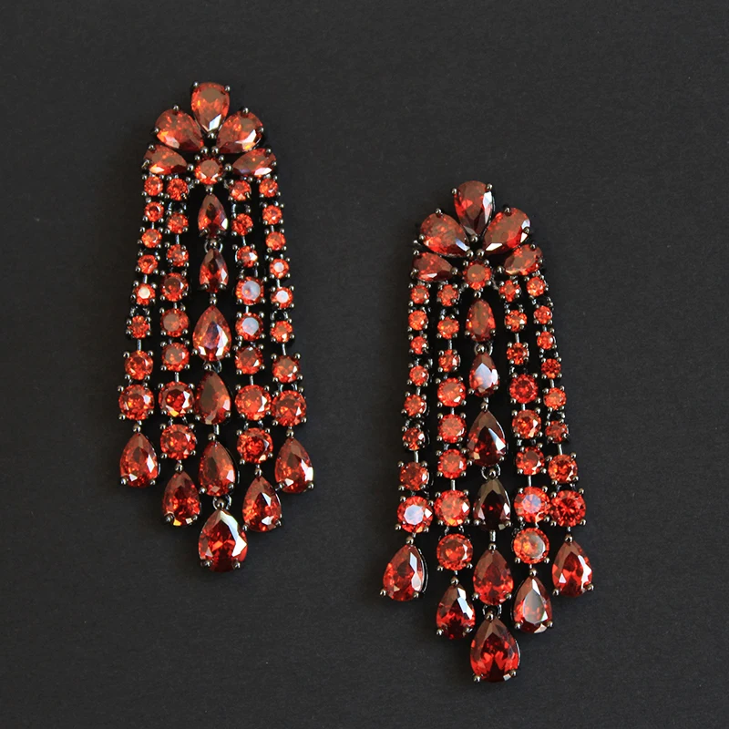 Luxury Women Earrings Long Tassel Party Bridal Wedding Jewelry Green Red Purple Zircon Small Water Drop Earrings for Women Gift