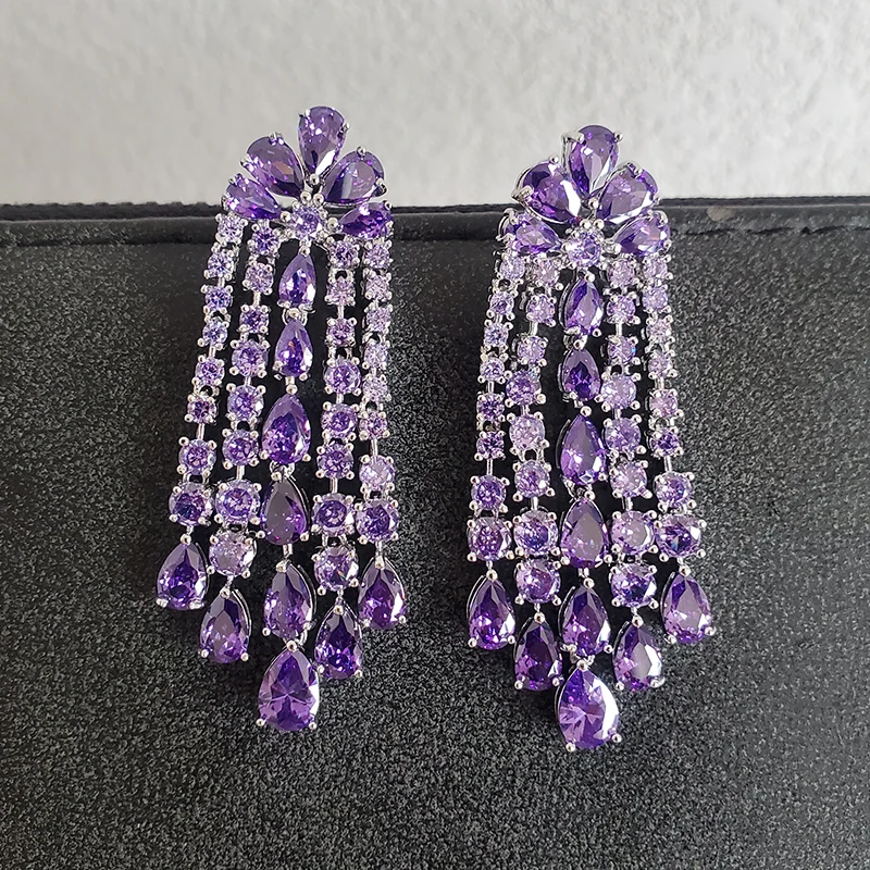 Luxury Women Earrings Long Tassel Party Bridal Wedding Jewelry Green Red Purple Zircon Small Water Drop Earrings for Women Gift