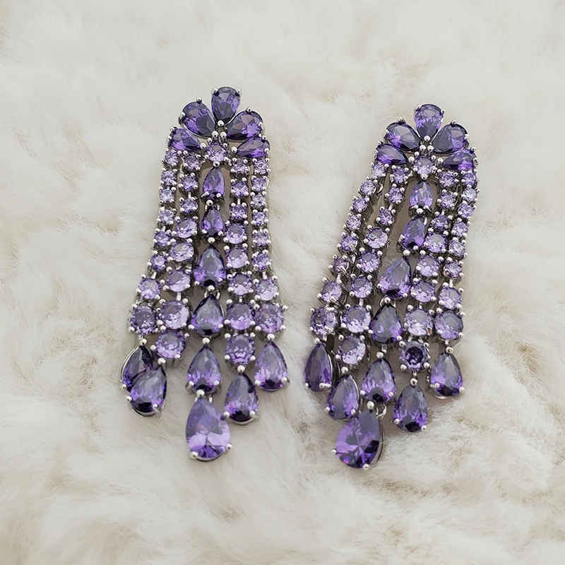 Luxury Women Earrings Long Tassel Party Bridal Wedding Jewelry Green Red Purple Zircon Small Water Drop Earrings for Women Gift