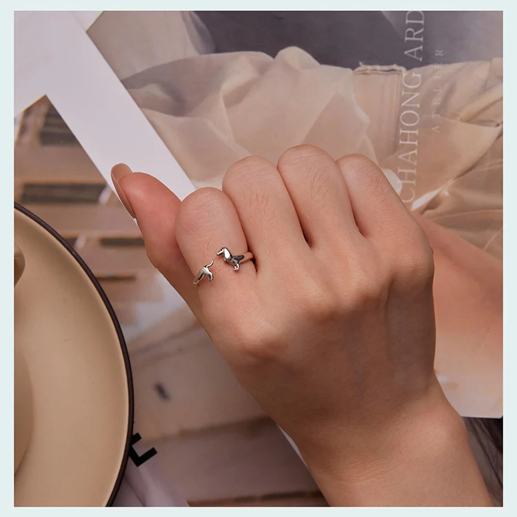 WOSTU 925 Sterling Silver Dachshund Dog Rings Adjustable Cut Animal Open Ring for Women Original Pet Lover Fine Jewelry Gift