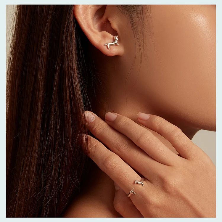 WOSTU 925 Sterling Silver Dachshund Dog Rings Adjustable Cut Animal Open Ring for Women Original Pet Lover Fine Jewelry Gift