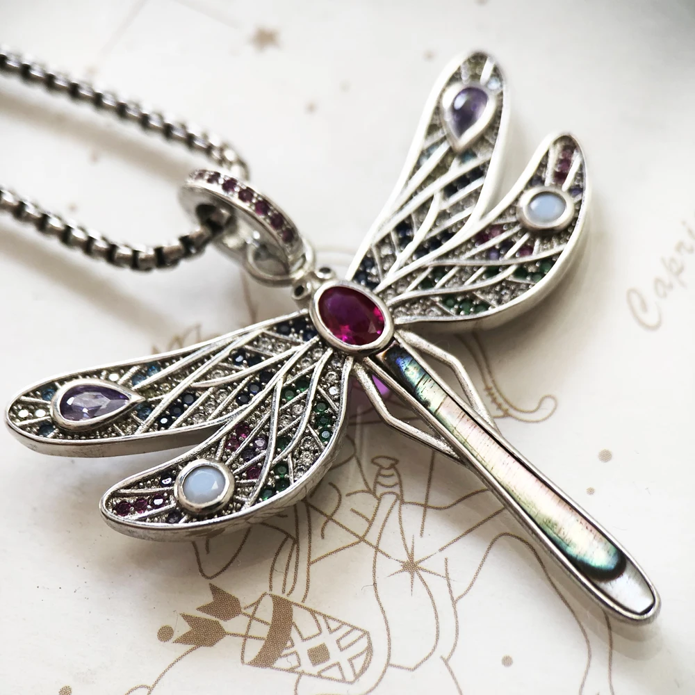 Colorful Dragonfly Pendant Link Chain Necklace Summer Brand New Fine Jewelry Europe 925 Sterling Silver Gift For Women