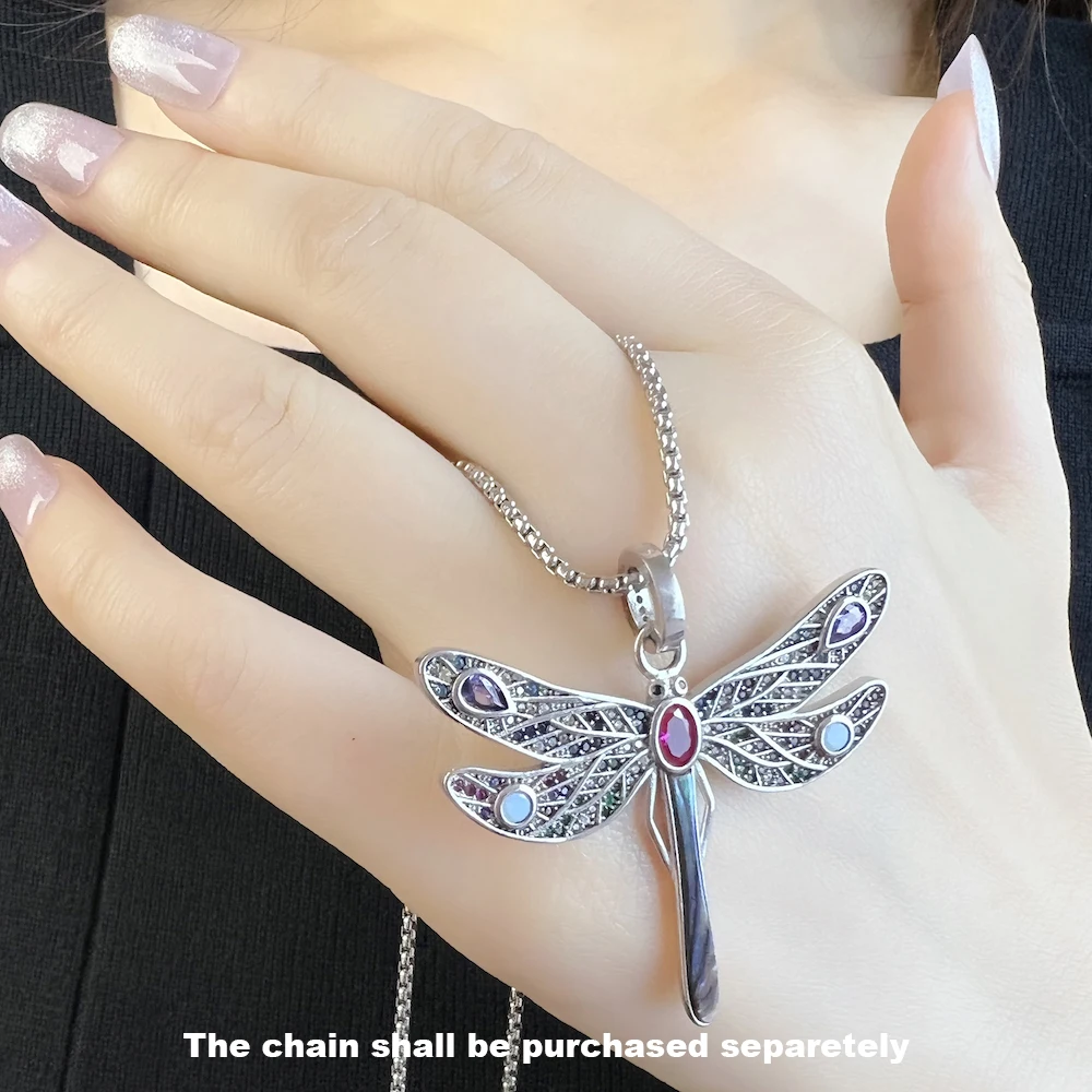 Colorful Dragonfly Pendant Link Chain Necklace Summer Brand New Fine Jewelry Europe 925 Sterling Silver Gift For Women