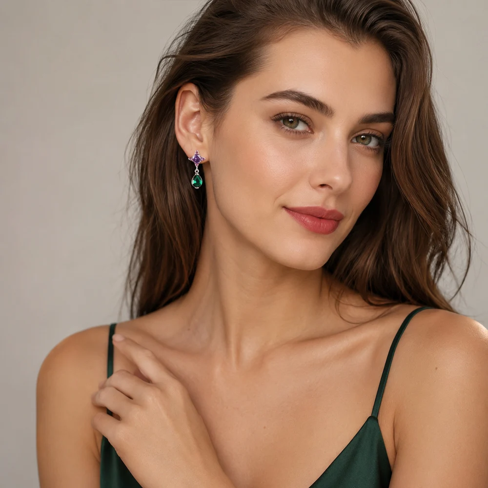 Ear Studs Green Drop With Purple Star Geometrical Jewerly For Women Summer New Bohemia Positive Gift In 925 Sterling Silver