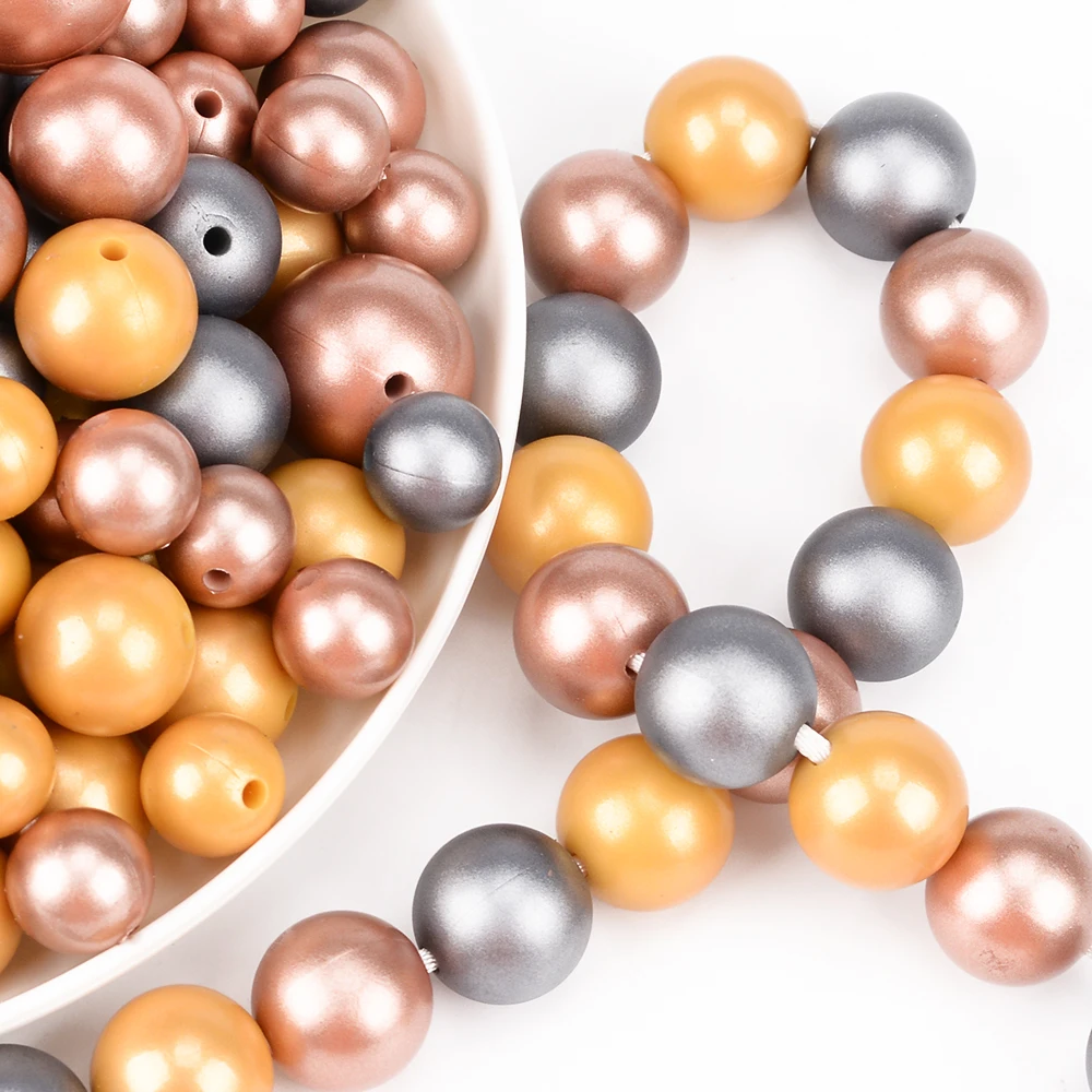 LOFCA 50Pcs Metallic Silver Color Print 12/15/19mm Silicone Loose Beads DIY Chewable Teething Beads BPA Free Baby Teether