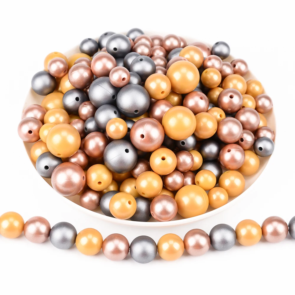LOFCA 50Pcs Metallic Silver Color Print 12/15/19mm Silicone Loose Beads DIY Chewable Teething Beads BPA Free Baby Teether
