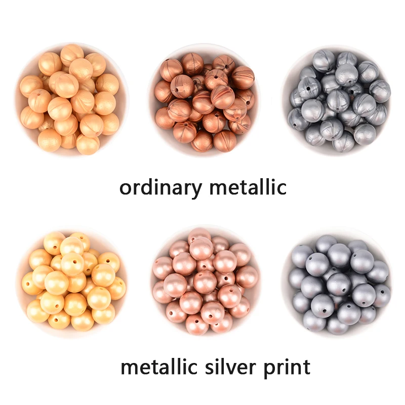 LOFCA 50Pcs Metallic Silver Color Print 12/15/19mm Silicone Loose Beads DIY Chewable Teething Beads BPA Free Baby Teether
