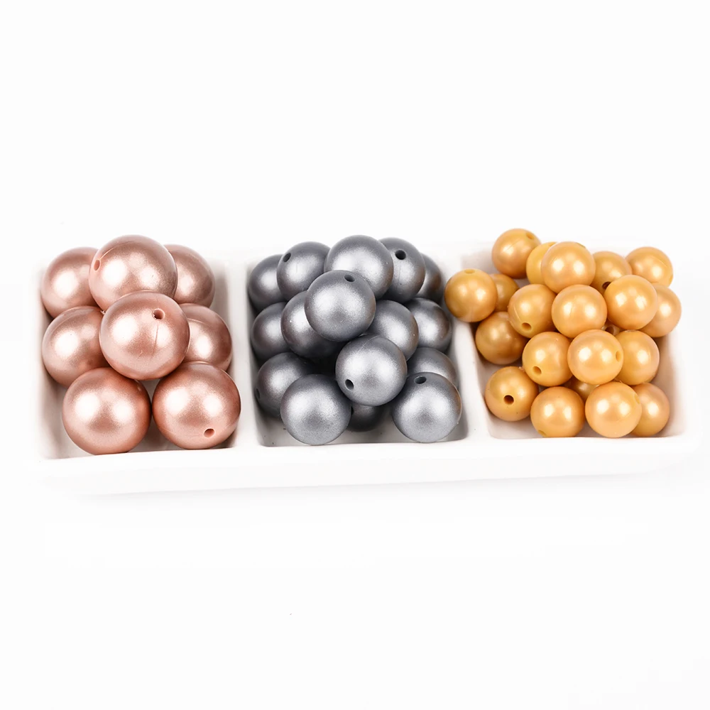 LOFCA 50Pcs Metallic Silver Color Print 12/15/19mm Silicone Loose Beads DIY Chewable Teething Beads BPA Free Baby Teether