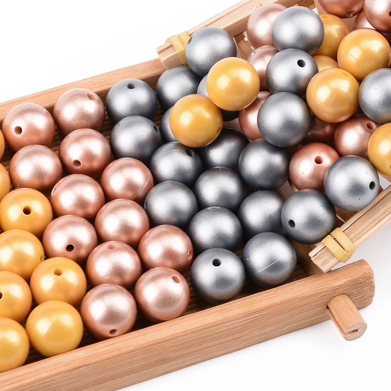 LOFCA 50Pcs Metallic Silver Color Print 12/15/19mm Silicone Loose Beads DIY Chewable Teething Beads BPA Free Baby Teether