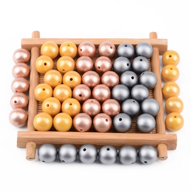 LOFCA 50Pcs Metallic Silver Color Print 12/15/19mm Silicone Loose Beads DIY Chewable Teething Beads BPA Free Baby Teether