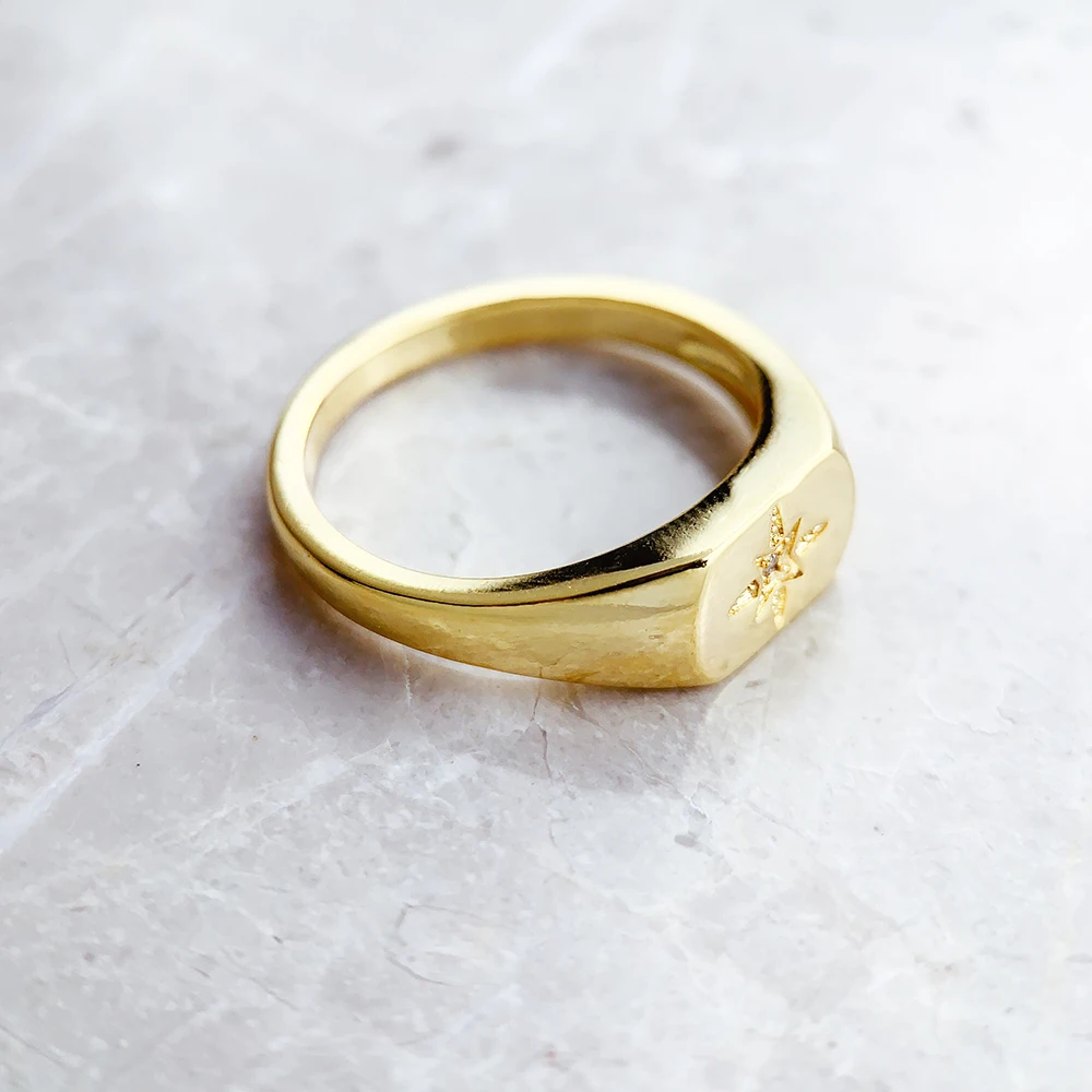 Signet Ring Vintage Star Gold Europe Style Nostalgic Fine Jewelry For Women Summer Brand New Pure 925 Sterling Silver Gift