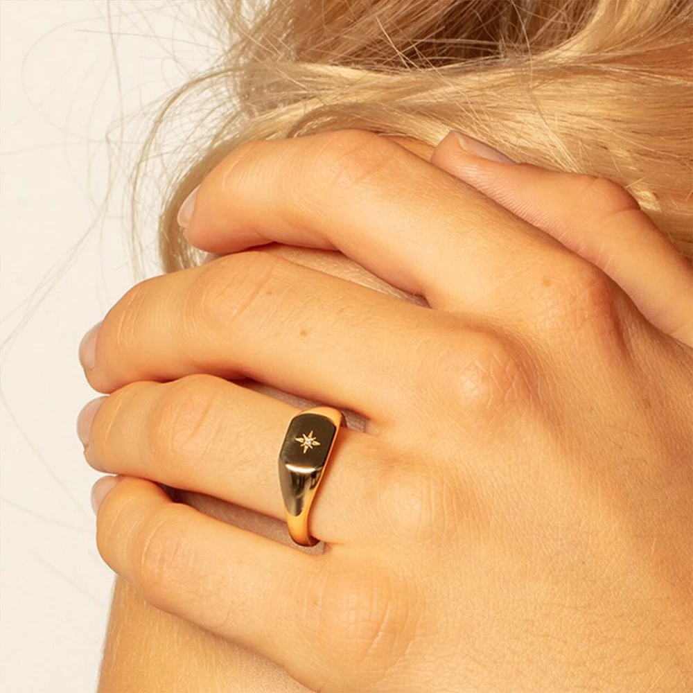 Signet Ring Vintage Star Gold Europe Style Nostalgic Fine Jewelry For Women Summer Brand New Pure 925 Sterling Silver Gift