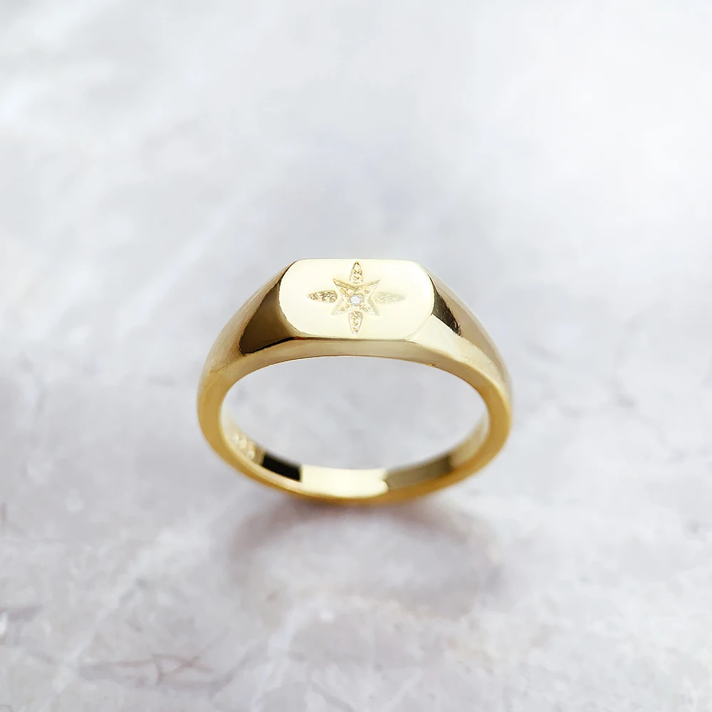 Signet Ring Vintage Star Gold Europe Style Nostalgic Fine Jewelry For Women Summer Brand New Pure 925 Sterling Silver Gift