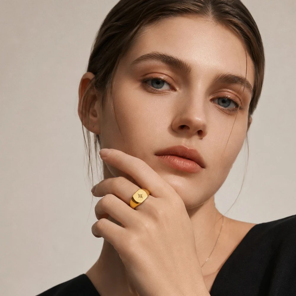 Signet Ring Vintage Star Gold Europe Style Nostalgic Fine Jewelry For Women Summer Brand New Pure 925 Sterling Silver Gift