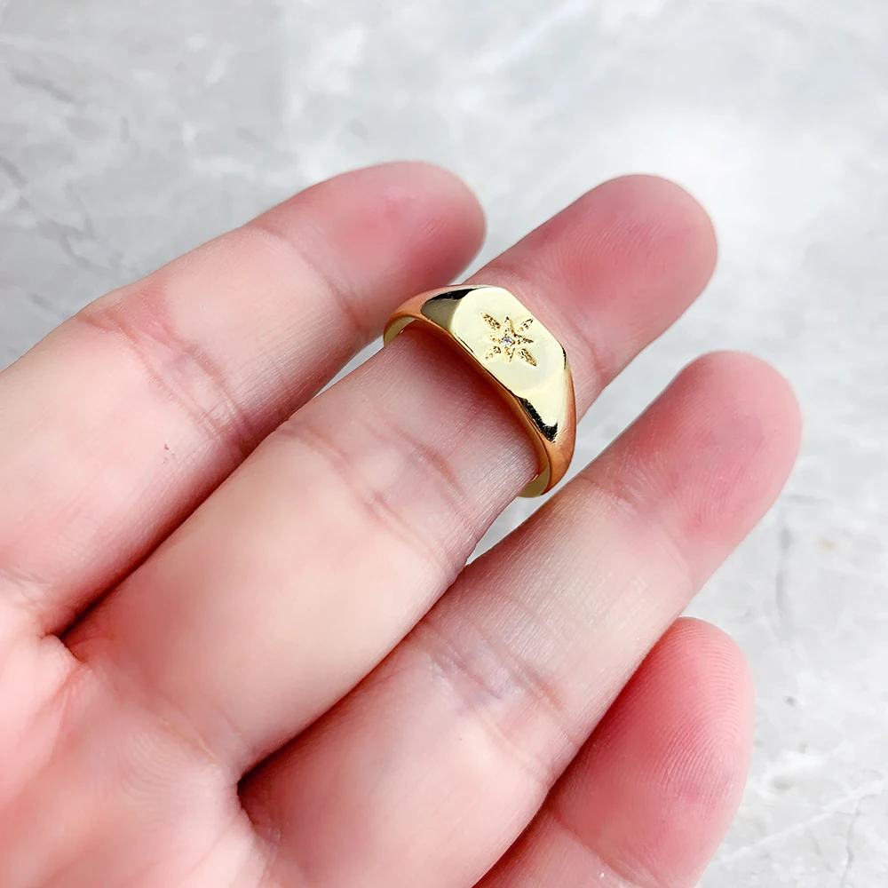 Signet Ring Vintage Star Gold Europe Style Nostalgic Fine Jewelry For Women Summer Brand New Pure 925 Sterling Silver Gift