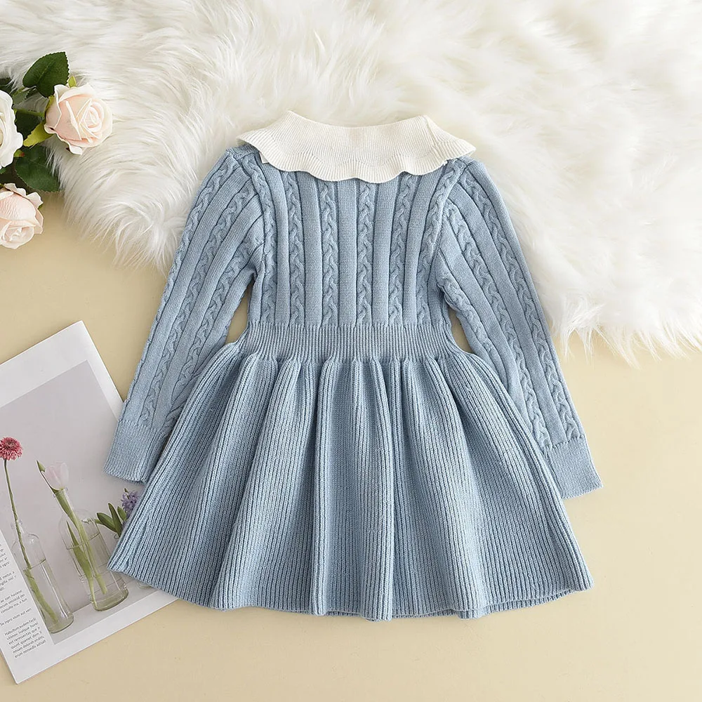 Winter Girls Knitting Wool Long Sleeve Dress Autumn Girls Baby Ruffle Knitted Princess Sweater Dress Casual Clothes