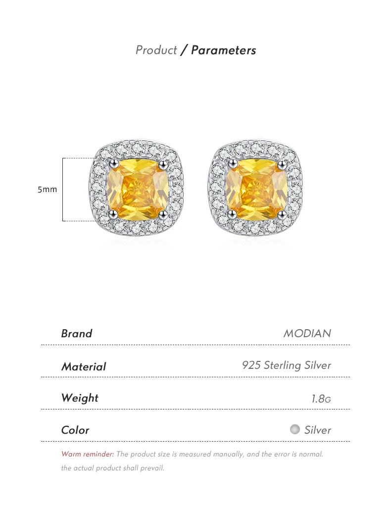 MODIAN Yellow Sparkling Cubic Zirconia Platinum Plated Stud Earrings 925 Sterling Silver Earrings For Women Wedding Jewelry
