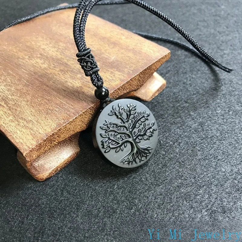 Natural Genuine Obsidian Life Tree Necklace Pendant Healing Crystal Guardian Jade Pendant Male and Female Jade Necklace Jewelry