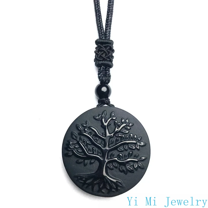 Natural Genuine Obsidian Life Tree Necklace Pendant Healing Crystal Guardian Jade Pendant Male and Female Jade Necklace Jewelry