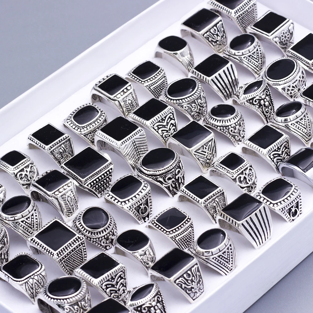 Wholesale Lots 20pcs Design Mix Black Enamel Stone Rings For Men Vintage Man Ring Retro Punk Alloy Jewelry Party Gift