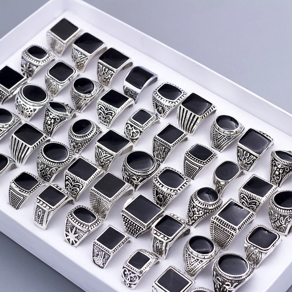 Wholesale Lots 20pcs Design Mix Black Enamel Stone Rings For Men Vintage Man Ring Retro Punk Alloy Jewelry Party Gift