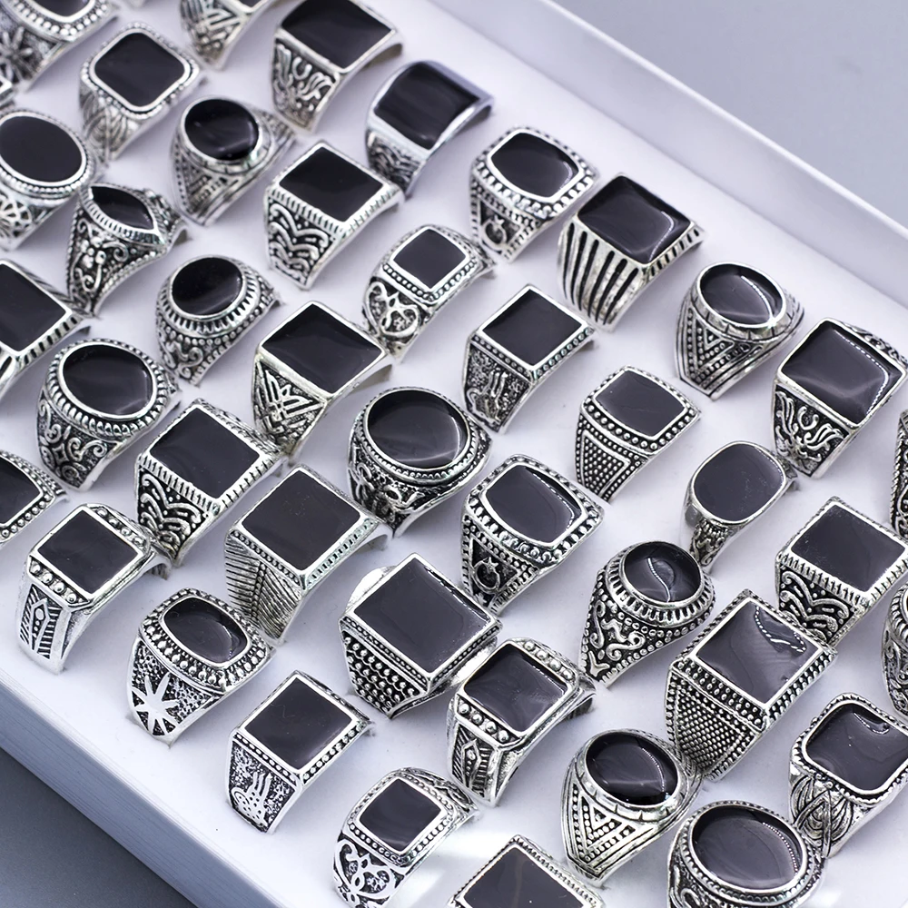 Wholesale Lots 20pcs Design Mix Black Enamel Stone Rings For Men Vintage Man Ring Retro Punk Alloy Jewelry Party Gift