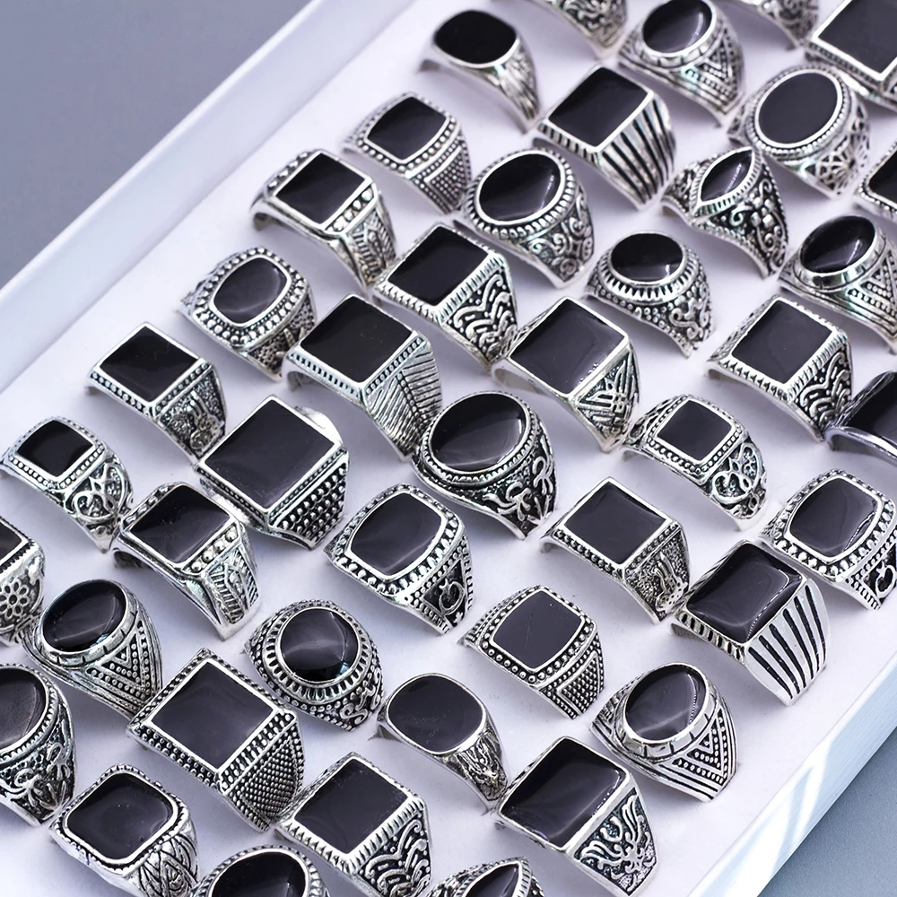 Wholesale Lots 20pcs Design Mix Black Enamel Stone Rings For Men Vintage Man Ring Retro Punk Alloy Jewelry Party Gift