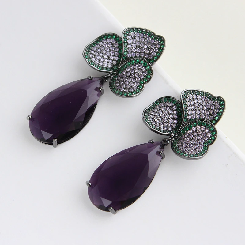Designer Women's Earrings Luxury Jewelry Cubic Zirconia Water Drop Hoop Dangle Earrings for Women Party Jewelry Purple Gift