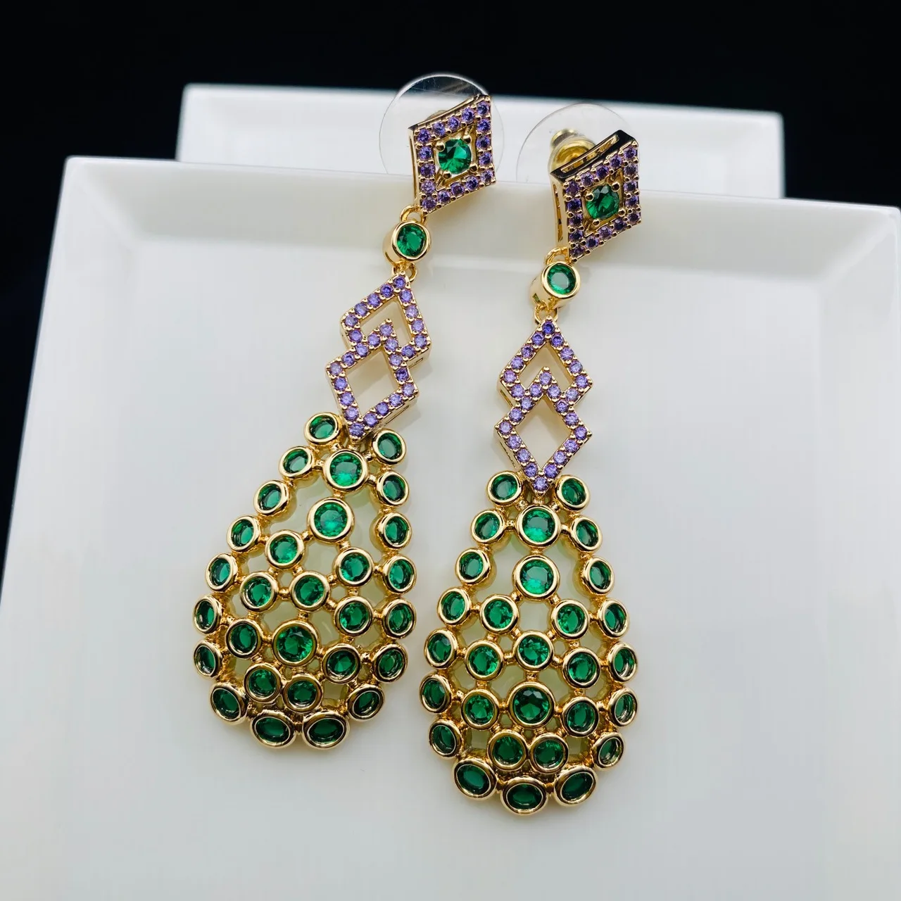 Designer Women's Earrings Luxury Jewelry Cubic Zirconia Water Drop Hoop Dangle Earrings for Women Party Jewelry Purple Gift
