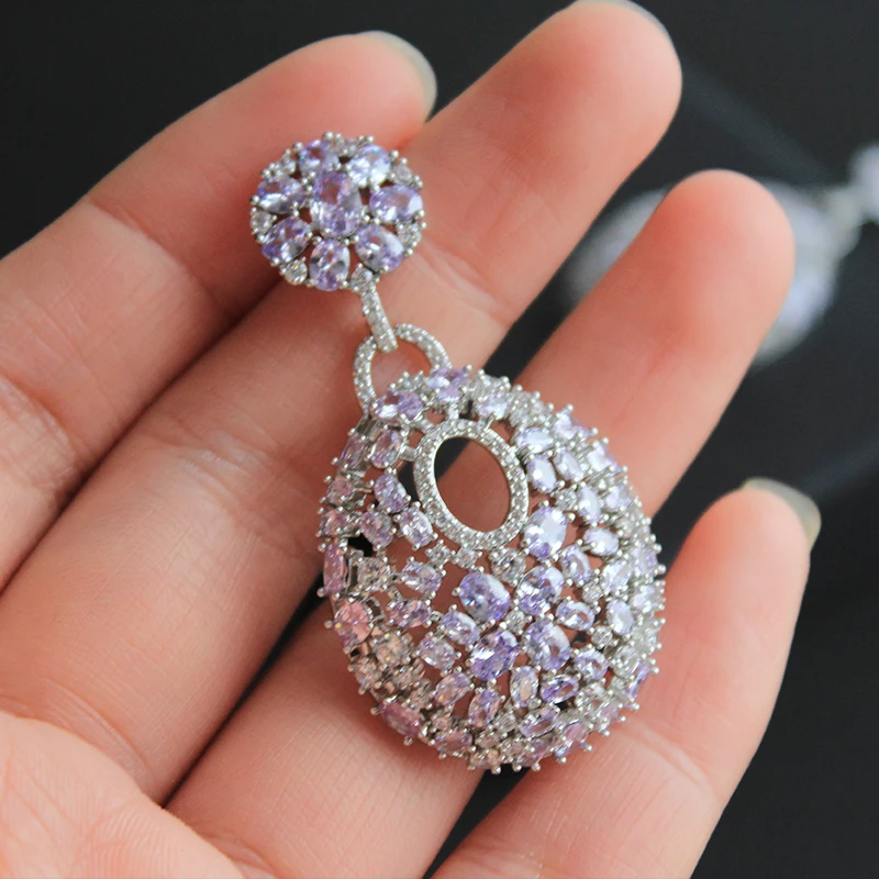 Designer Women's Earrings Luxury Jewelry Cubic Zirconia Water Drop Hoop Dangle Earrings for Women Party Jewelry Purple Gift