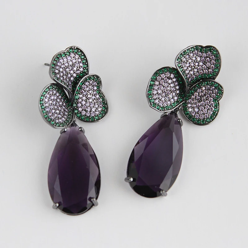 Designer Women's Earrings Luxury Jewelry Cubic Zirconia Water Drop Hoop Dangle Earrings for Women Party Jewelry Purple Gift